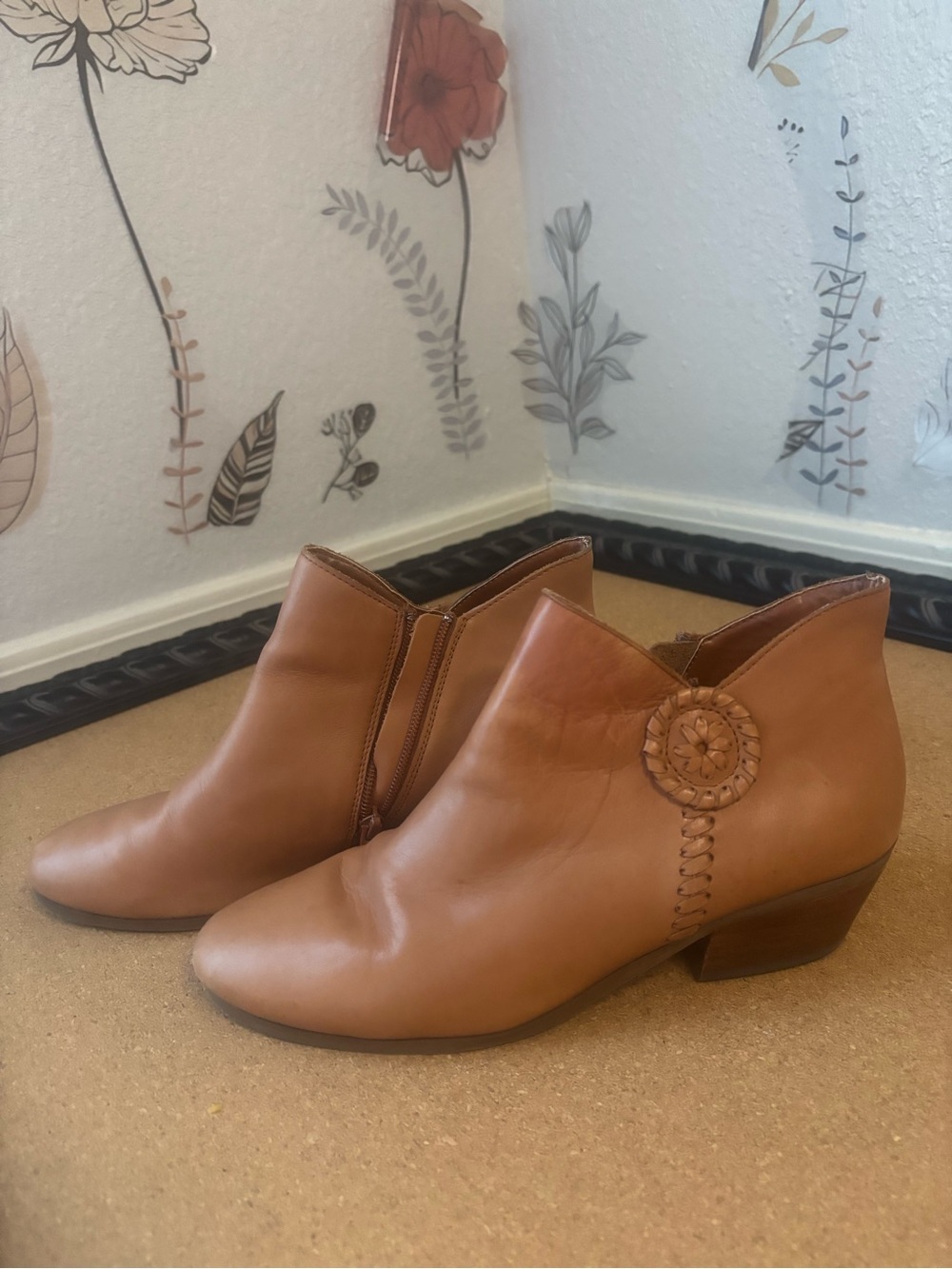 Women’s Tan Leather Ankle Booties with Woven Medallion